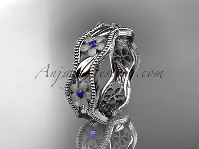 14kt white gold blue sapphires  flower wedding ring, engagement ring, wedding band. ADLR190 - AnjaysDesigns