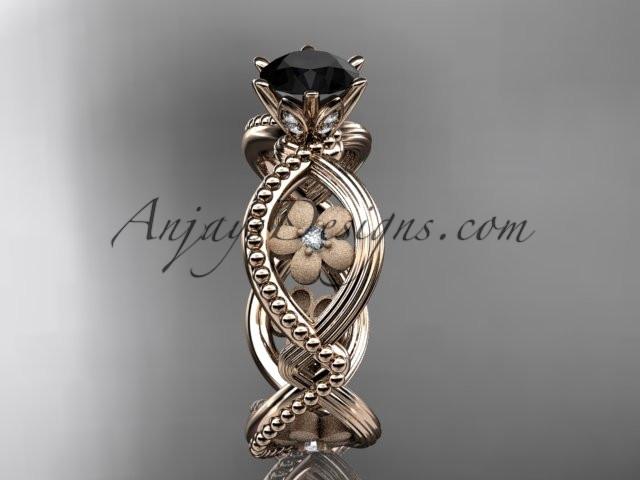 14kt rose gold diamond floral wedding ring, engagement ring with a Black Diamond center stone ADLR192 - AnjaysDesigns
