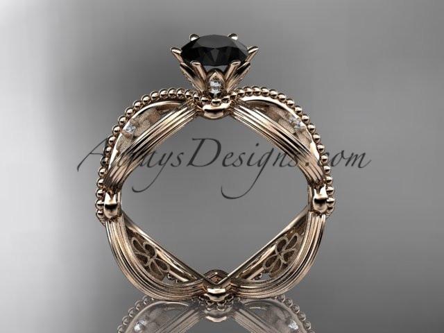 14kt rose gold diamond floral wedding ring, engagement ring with a Black Diamond center stone ADLR192 - AnjaysDesigns