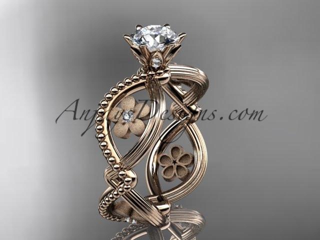 14kt rose gold diamond floral wedding ring, engagement ring with a "Forever One" Moissanite center stone ADLR192 - AnjaysDesigns