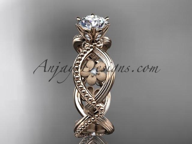 14kt rose gold diamond floral wedding ring, engagement ring with a "Forever One" Moissanite center stone ADLR192 - AnjaysDesigns