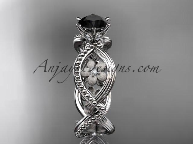 platinum diamond floral wedding ring, engagement ring with a Black Diamond center stone ADLR192 - AnjaysDesigns