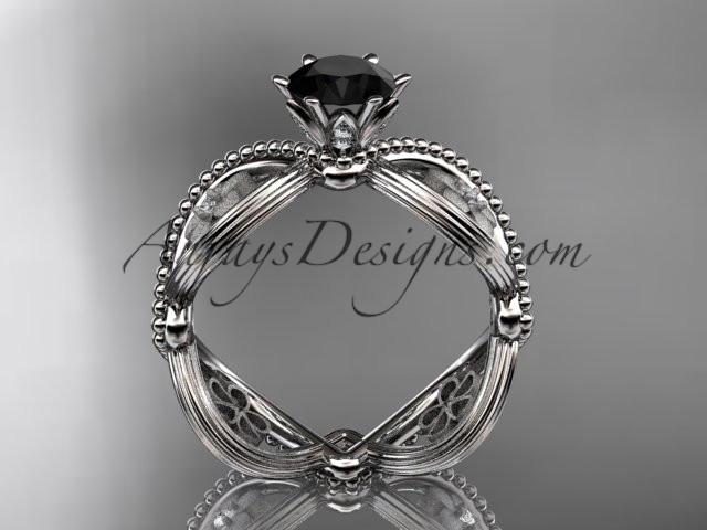 platinum diamond floral wedding ring, engagement ring with a Black Diamond center stone ADLR192 - AnjaysDesigns