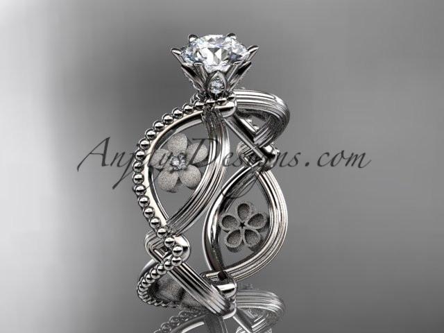 14kt white gold diamond floral wedding ring, engagement ring with a "Forever One" Moissanite center stone ADLR192 - AnjaysDesigns
