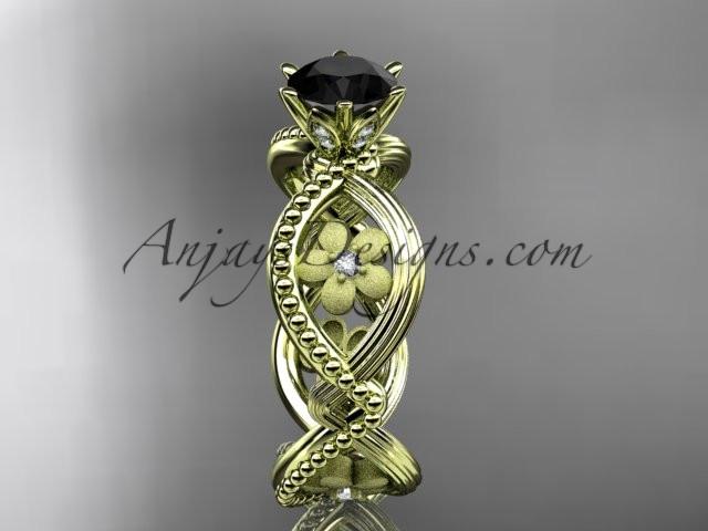 14kt yellow gold diamond floral wedding ring, engagement ring with a Black Diamond center stone ADLR192 - AnjaysDesigns