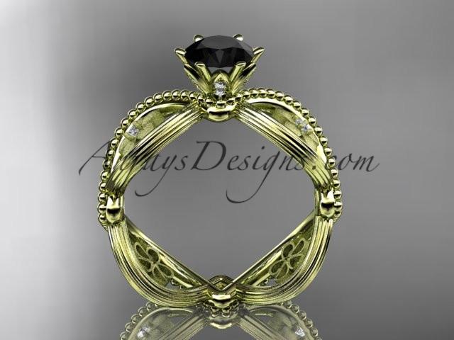 14kt yellow gold diamond floral wedding ring, engagement ring with a Black Diamond center stone ADLR192 - AnjaysDesigns