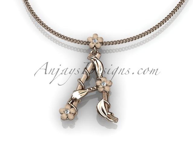 14k rose gold diamond floral, leaf and vine initial pendant ADLR196 - AnjaysDesigns, Spring Collection - Jewelry, Anjays Designs - AnjaysDesigns, AnjaysDesigns - AnjaysDesigns.co, 
