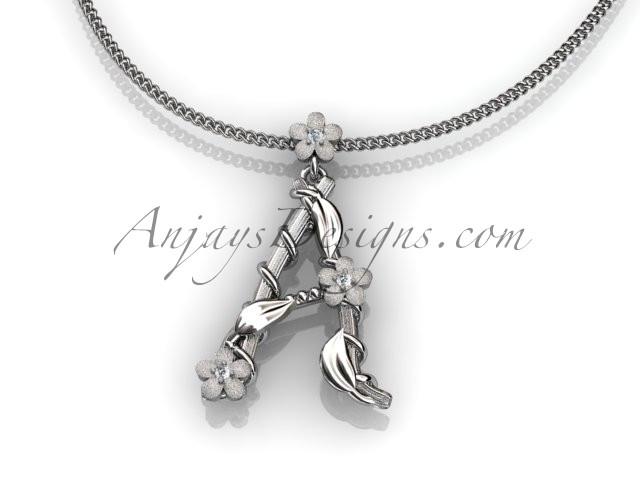 14k white gold diamond floral, leaf and vine initial pendant ADLR196 - AnjaysDesigns