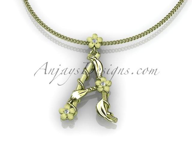 14k yellow gold diamond floral, leaf and vine initial pendant ADLR196 - AnjaysDesigns