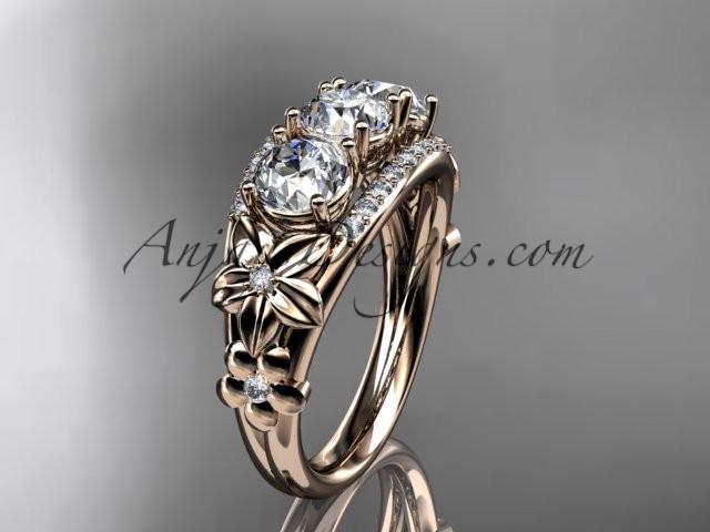 14kt rose gold diamond flower 3 stone Forever One Moissanite wedding ring ADLR203 - AnjaysDesigns