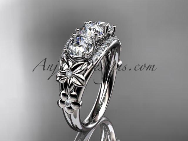 14kt white gold diamond flower 3 stone Forever One Moissanite wedding ring ADLR203 - AnjaysDesigns