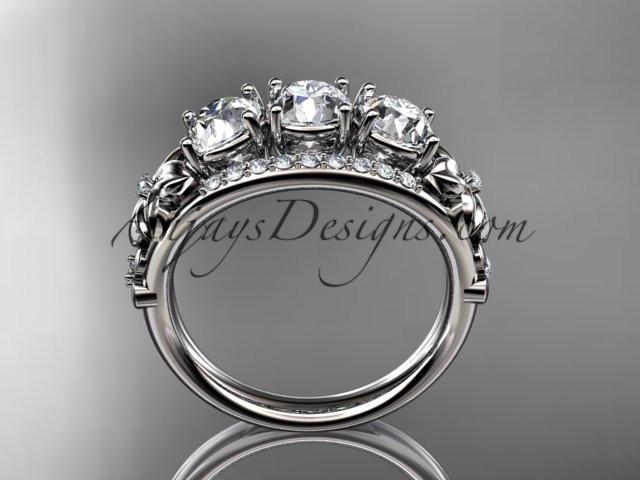 Platinum diamond flower 3 stone Forever One Moissanite wedding ring ADLR203 - AnjaysDesigns