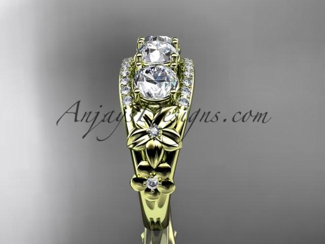 14kt yellow gold diamond flower 3 stone Forever One Moissanite wedding ring ADLR203 - AnjaysDesigns