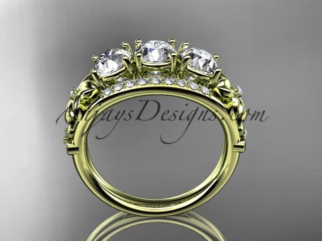 14kt yellow gold diamond flower 3 stone Forever One Moissanite wedding ring ADLR203 - AnjaysDesigns