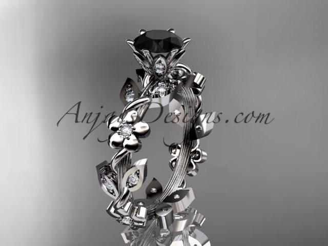 platinum diamond leaf and vine engagement ring with a Black Diamond center stone ADLR209 - AnjaysDesigns