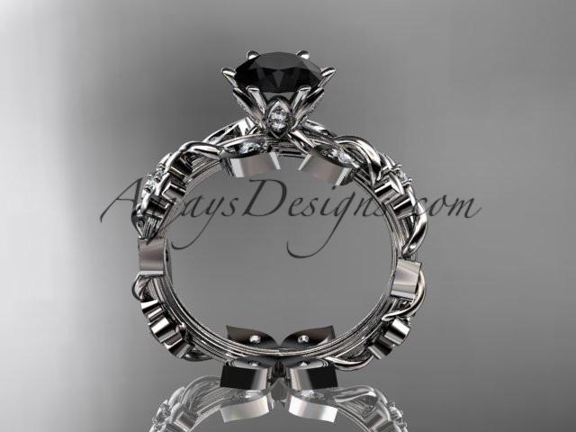 platinum diamond leaf and vine engagement ring with a Black Diamond center stone ADLR209 - AnjaysDesigns