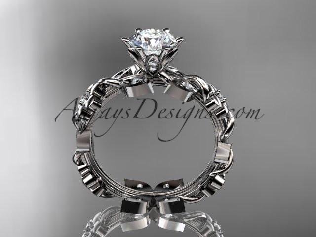 Platinum diamond leaf and vine engagement ring with a "Forever One " Moissanite center stone ADLR209 - AnjaysDesigns