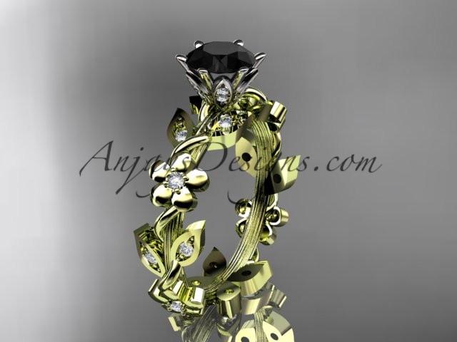 14kt yellow gold diamond leaf and vine engagement ring with a Black Diamond center stone ADLR209 - AnjaysDesigns