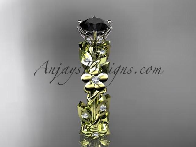14kt yellow gold diamond leaf and vine engagement ring with a Black Diamond center stone ADLR209 - AnjaysDesigns