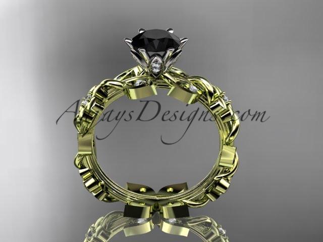 14kt yellow gold diamond leaf and vine engagement ring with a Black Diamond center stone ADLR209 - AnjaysDesigns