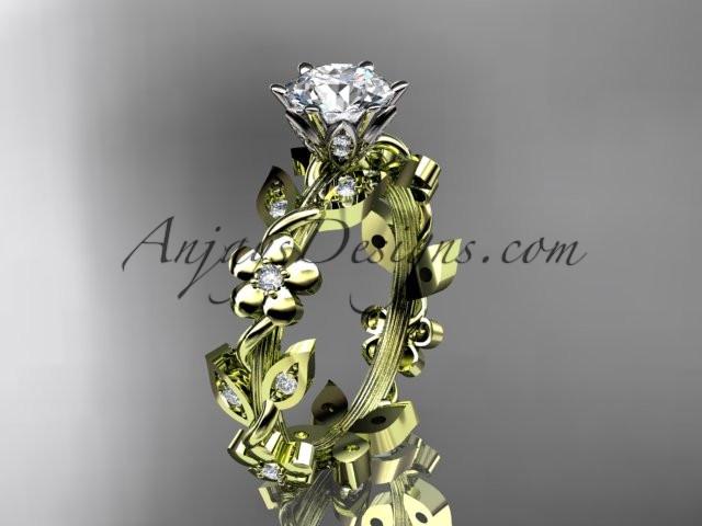 14kt yellow gold diamond leaf and vine engagement ring with a "Forever One" Moissanite center stone ADLR209 - AnjaysDesigns
