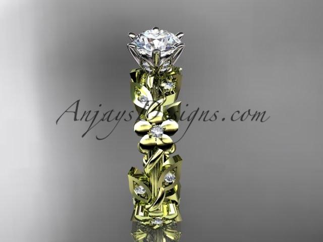 14kt yellow gold diamond leaf and vine engagement ring with a "Forever One" Moissanite center stone ADLR209 - AnjaysDesigns