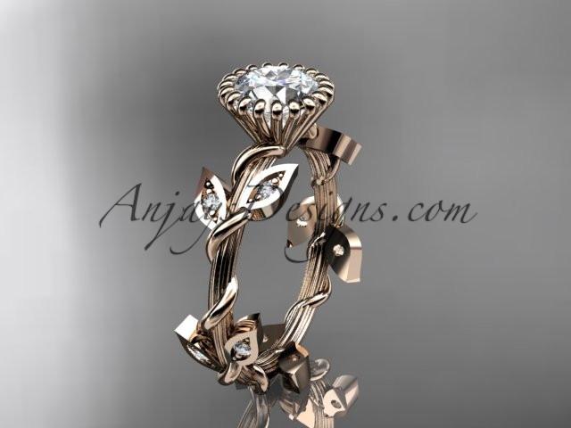 14kt rose gold diamond leaf and vine wedding ring,engagement ring with a "Forever One" Moissanite center stone ADLR20A - AnjaysDesigns