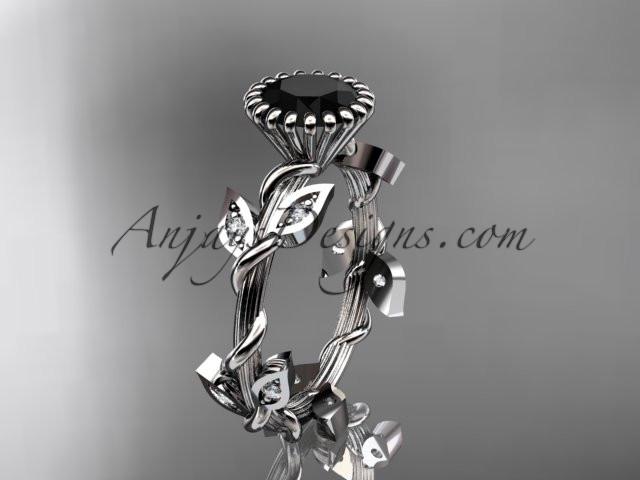 14kt white gold diamond leaf and vine wedding ring,engagement ring with a Black Diamond center stone ADLR20A - AnjaysDesigns