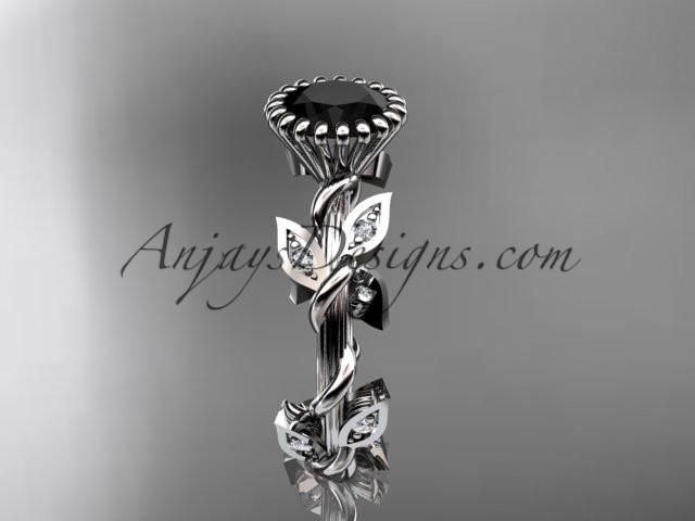 platinum diamond leaf and vine wedding ring,engagement ring with a Black Diamond center stone ADLR20A - AnjaysDesigns