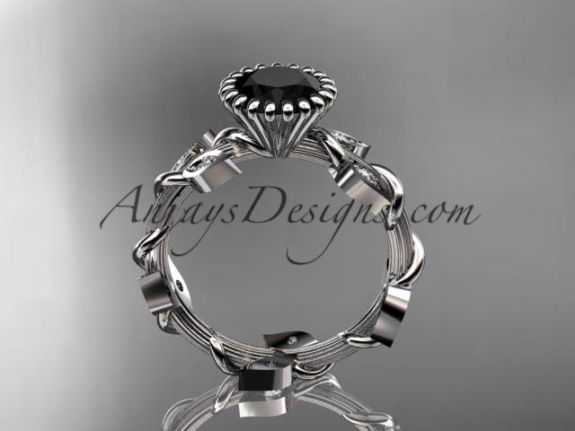 14kt white gold diamond leaf and vine wedding ring,engagement ring with a Black Diamond center stone ADLR20A - AnjaysDesigns