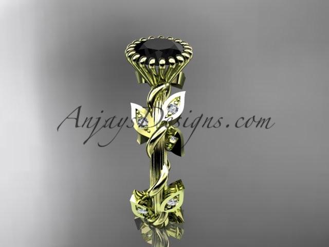 14kt yellow gold diamond leaf and vine wedding ring,engagement ring with a Black Diamond center stone ADLR20A - AnjaysDesigns