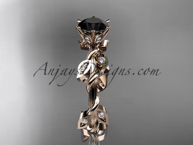 14kt rose gold diamond leaf and vine wedding ring,engagement ring with a Black Diamond center stone ADLR20 - AnjaysDesigns