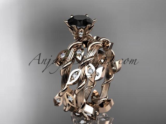 14k rose gold diamond leaf and vine engagement ring, engagement set with a Black Diamond center stone ADLR20S - AnjaysDesigns, Black Diamond Engagement Sets - Jewelry, Anjays Designs - AnjaysDesigns, AnjaysDesigns - AnjaysDesigns.co, 