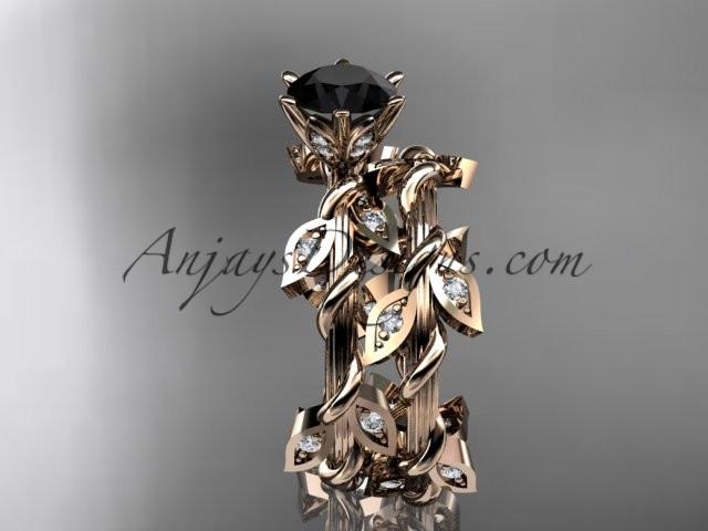 14k rose gold diamond leaf and vine engagement ring, engagement set with a Black Diamond center stone ADLR20S - AnjaysDesigns, Black Diamond Engagement Sets - Jewelry, Anjays Designs - AnjaysDesigns, AnjaysDesigns - AnjaysDesigns.co, 