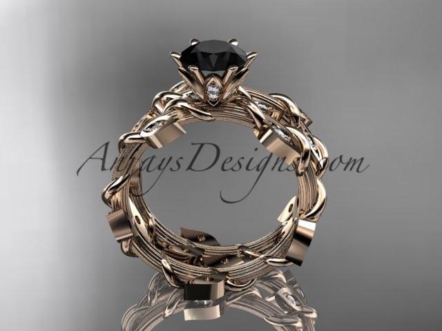 14k rose gold diamond leaf and vine engagement ring, engagement set with a Black Diamond center stone ADLR20S - AnjaysDesigns, Black Diamond Engagement Sets - Jewelry, Anjays Designs - AnjaysDesigns, AnjaysDesigns - AnjaysDesigns.co, 