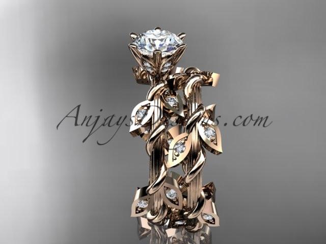 14k rose gold diamond leaf and vine engagement ring, engagement set with a "Forever One" Moissanite center stone ADLR20S - AnjaysDesigns, Moissanite Engagement Sets - Jewelry, Anjays Designs - AnjaysDesigns, AnjaysDesigns - AnjaysDesigns.co, 