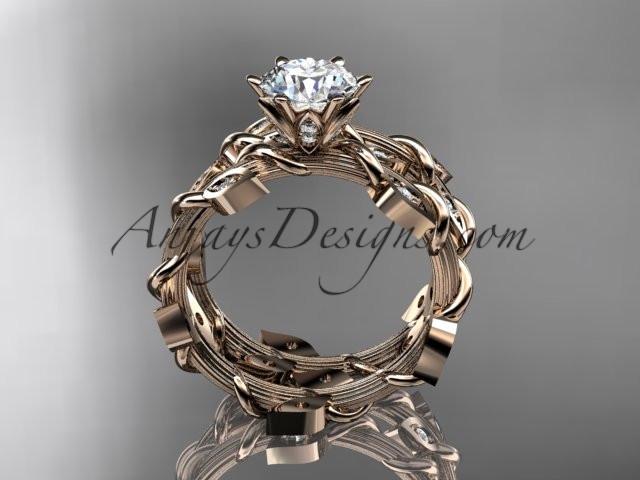 14k rose gold diamond leaf and vine engagement ring, engagement set with a "Forever One" Moissanite center stone ADLR20S - AnjaysDesigns, Moissanite Engagement Sets - Jewelry, Anjays Designs - AnjaysDesigns, AnjaysDesigns - AnjaysDesigns.co, 