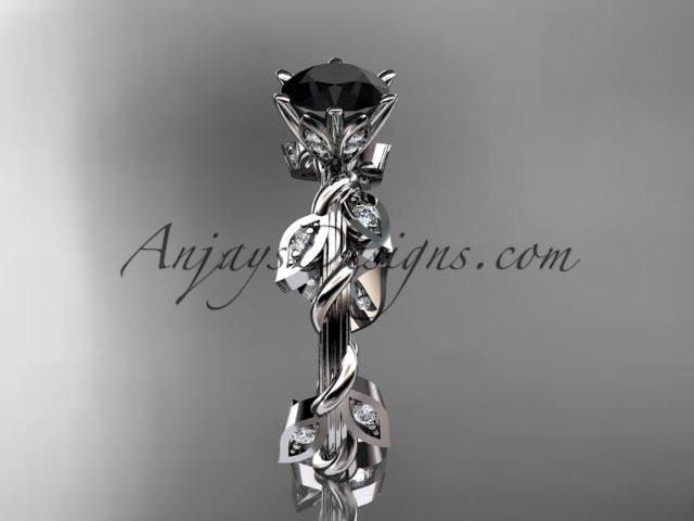 platinum diamond leaf and vine wedding ring,engagement ring with a Black Diamond center stone ADLR20 - AnjaysDesigns