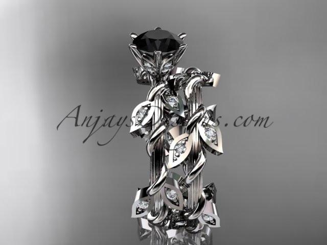 14k white gold diamond leaf and vine engagement ring, engagement set with a Black Diamond center stone ADLR20S - AnjaysDesigns