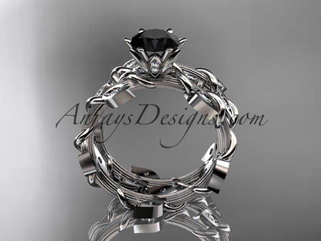 platinum diamond leaf and vine engagement ring, engagement set with a Black Diamond center stone ADLR20S - AnjaysDesigns