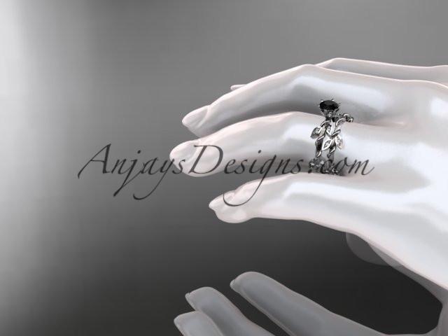 platinum diamond leaf and vine engagement ring, engagement set with a Black Diamond center stone ADLR20S - AnjaysDesigns