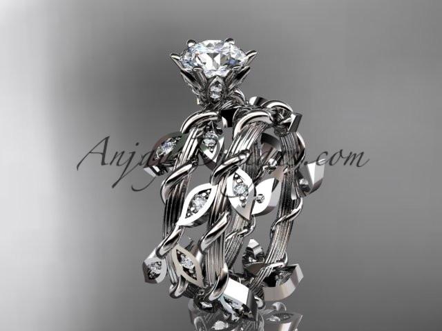 14k white gold diamond leaf and vine engagement ring, engagement set ADLR20S - AnjaysDesigns