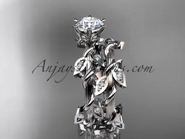 platinum diamond leaf and vine engagement ring, engagement set with a "Forever One" Moissanite center stone ADLR20S - AnjaysDesigns