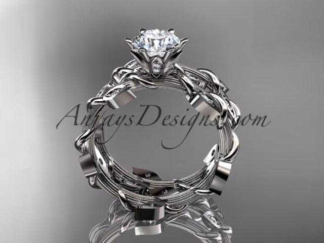 14k white gold diamond leaf and vine engagement ring, engagement set with a "Forever One" Moissanite center stone ADLR20S - AnjaysDesigns
