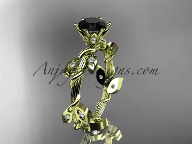 14kt yellow gold diamond leaf and vine wedding ring,engagement ring with a Black Diamond center stone ADLR20 - AnjaysDesigns