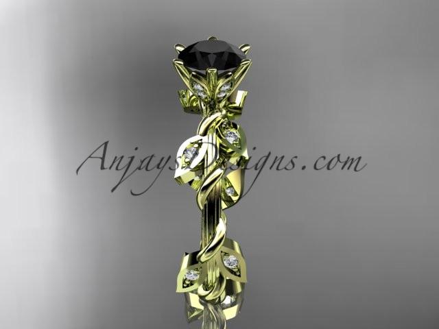 14kt yellow gold diamond leaf and vine wedding ring,engagement ring with a Black Diamond center stone ADLR20 - AnjaysDesigns
