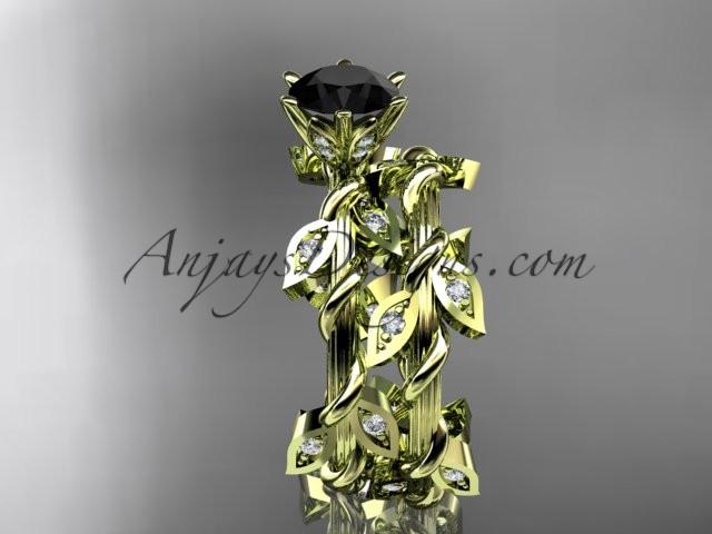 14k yellow gold diamond leaf and vine engagement ring, engagement set with a Black Diamond center stone ADLR20S - AnjaysDesigns