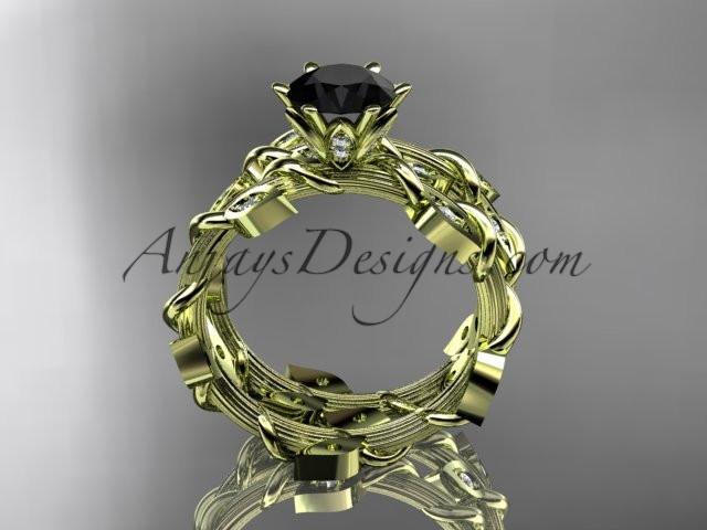 14k yellow gold diamond leaf and vine engagement ring, engagement set with a Black Diamond center stone ADLR20S - AnjaysDesigns