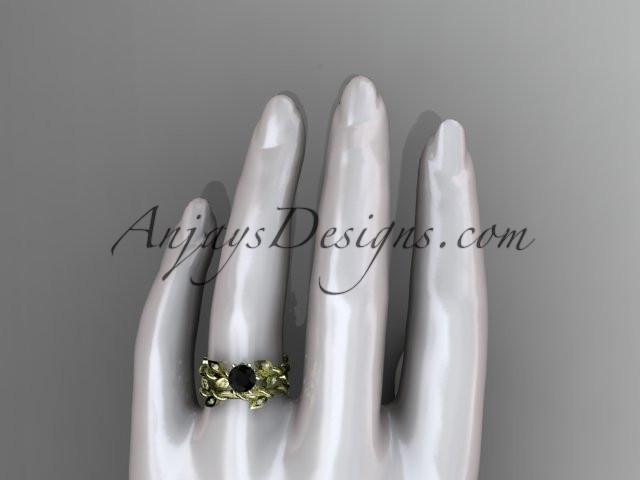 14k yellow gold diamond leaf and vine engagement ring, engagement set with a Black Diamond center stone ADLR20S - AnjaysDesigns