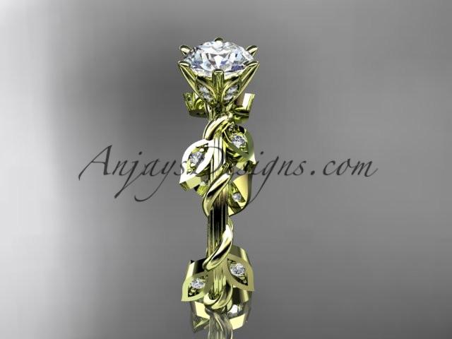 14kt yellow gold diamond leaf and vine wedding ring,engagement ring with a "Forever One" Moissanite center stone ADLR20 - AnjaysDesigns